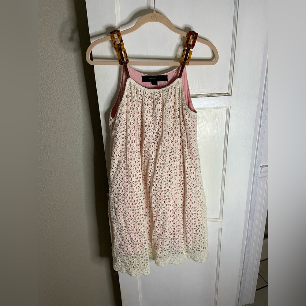 Vintage linen dress, size small, brown plastic straps